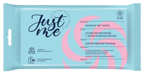 Just me / Джаст ми PURE Влажные салфетки для интимной гигиены, для всех типов кожи, с молочной кислотой, 25шт.