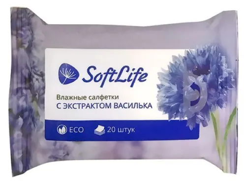Влажные салфетки SoftLife / СофтЛайф с экстрактом василька, 20шт. / для очищения