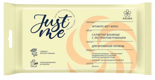 Just me / Джаст ми AROMA Влажные салфетки для интимной гигиены, для всех типов кожи, с с экстрактом ромашки, 25шт.