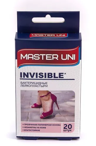 Master Uni / МАСТЕР ЮНИ лейкопластырь бактерицидный INVISIBLE прозрачный на полимерной основе в упаковке 20 шт.