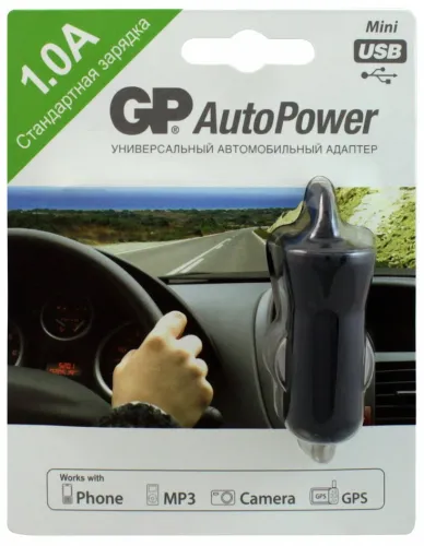 Автомобильный адаптер GP / ДжиПи AP13BMNU разъем miniUSB, в корпусе из abs-пластика, черный, выходной ток 1А / зарядка в машину