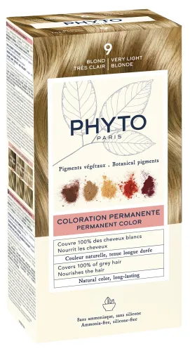 Phyto / Фито Крем-краска для волос перманентная с растительными пигментами, тон 9 очень светлый блонд, 50мл / женская косметика