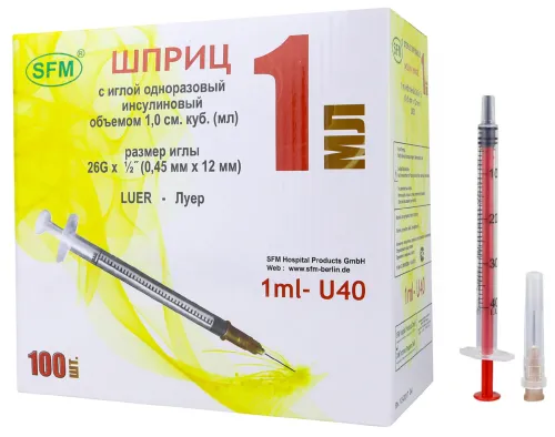SFM Hospital Products / СФМ Госпиталь продукт Шприц медицинский инсулиновый одноразовый стерильный трехкомпонентный с иглой 26G U-40 0.45х12мм 1мл, 100шт. / медицинское изделие