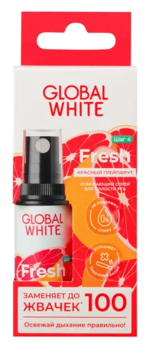 Global White / Глобал вайт Fresh Красный грейпфрут Спрей для полости рта освежающий с ментолом, 15мл / освежитель дыхания