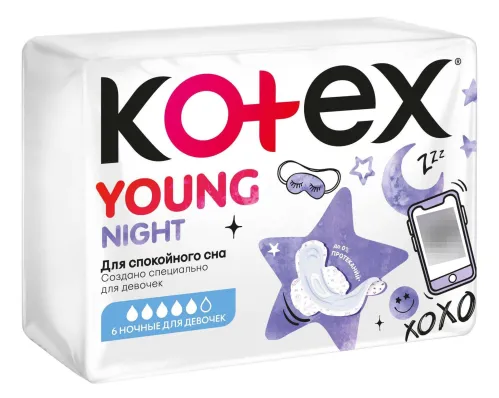 Kotex / Котекс Young NIGHT Прокладки женские для девочек гигиенические ночные 5 капель, 6шт. / средство личной гигиены