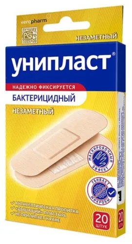 Унипласт Пластырь бактерицидный незаметный с антисептиком телесный на нетканой основе 1.9х7.2см в упаковке 20шт. / лейкопластырь