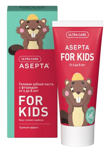 Зубная паста детская Асепта FOR KIDS тройной эффект, гелевая, с фторидом, вкус спелого арбуза, от 3 до 8 лет, от кариеса 50мл / уход за полостью рта