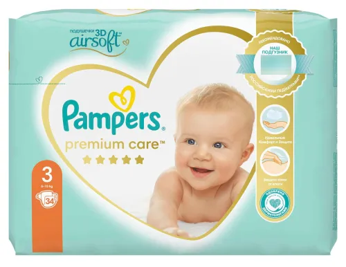Подгузники Pampers / Памперс Premium Care с двойным внутренним слоем, размер 3, для детей весом 6-10кг, в упаковке 34шт. / памперсы