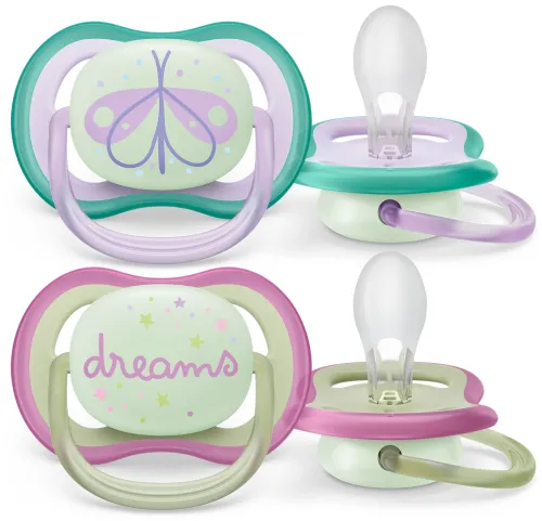 Пустышка для новорожденных Philips Avent / Филипс Авент Ultra Air Nighttime от 0-6 месяцев силиконовая в упаковке 2шт. / соска ортодонтическая с футляром для хранения