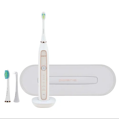 Электрическая зубная щетка Polaris / Поларис PETB 0101 TC звуковая со встроенным аккумулятором, средней жесткости, 5 режимов, 3 насадки в комплекте, бело-розовая / гигиена полости рта
