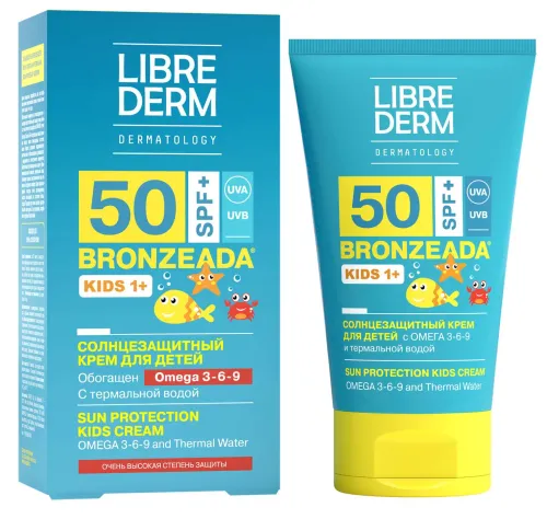 Librederm / Либридерм Bronzeada Kids 1+ Детский крем солнцезащитный SPF-50 с омега 3-6-9 и термальной водой водостойкий 150мл