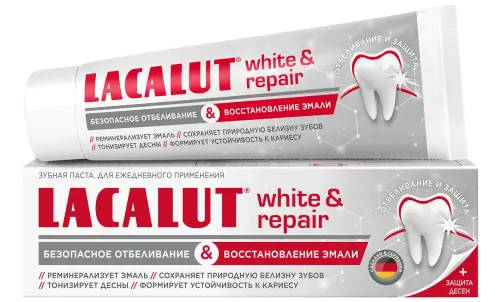 Зубная паста Lacalut / Лакалют White & Repair с фтором безопасное отбеливание и восстановление эмали 65г / уход за полостью рта