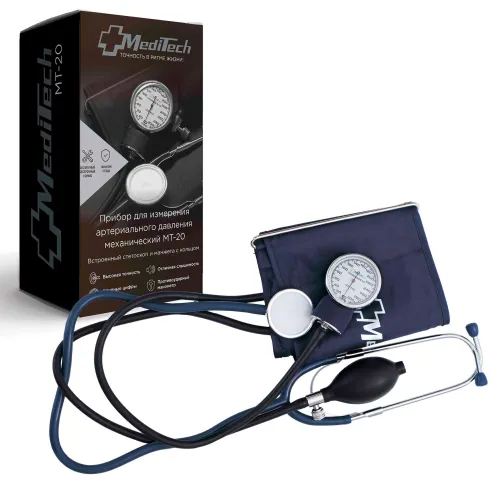 Тонометр MediTech / МедиТех МТ-20 механический со встроенным стетоскопом с манжетой 25.4-40.6см, синий / медицинские товары