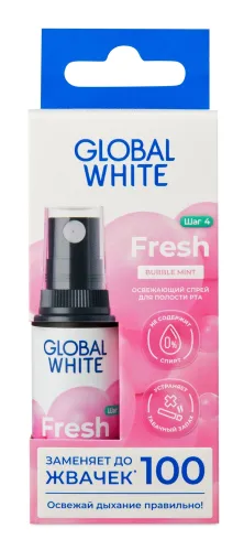Global White / Глобал вайт Fresh Bubble Mint Спрей для полости рта освежающий с ментолом, 15мл / освежитель дыхания