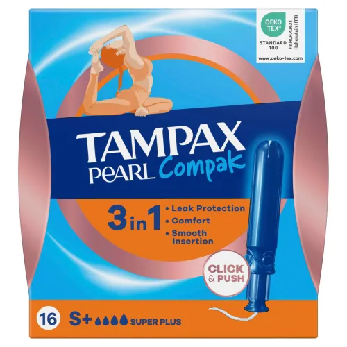 Tampax / Тампакс Тампоны гигиенические Super Plus Compak Pearl 3 в 1 с аппликатором, 4 капли, 16шт. / средство для интимной гигиены