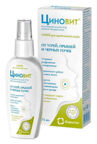 Фармтек Циновит Спрей от угрей, прыщей и черных точек, биоактивный цинк, дикалий глицирризинат, для проблемной кожи, 75мл / красота и здоровье, уход за кожей