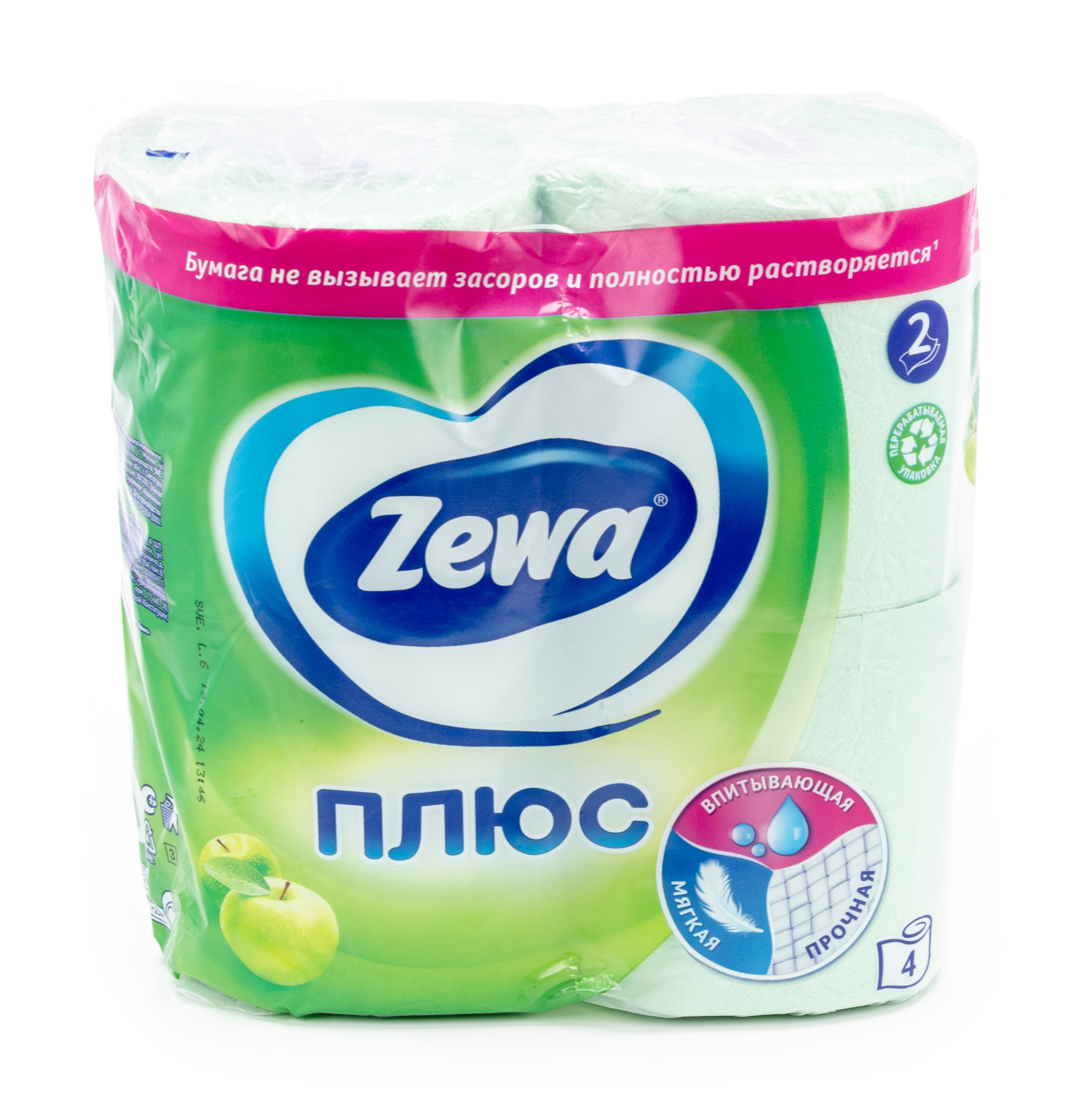 Туалетная бумага Zewa / Зева Плюс 2-слойная, цветная с тиснением и перфорацией, ароматизированная с ароматом яблока, 4рулона / личная гигиена