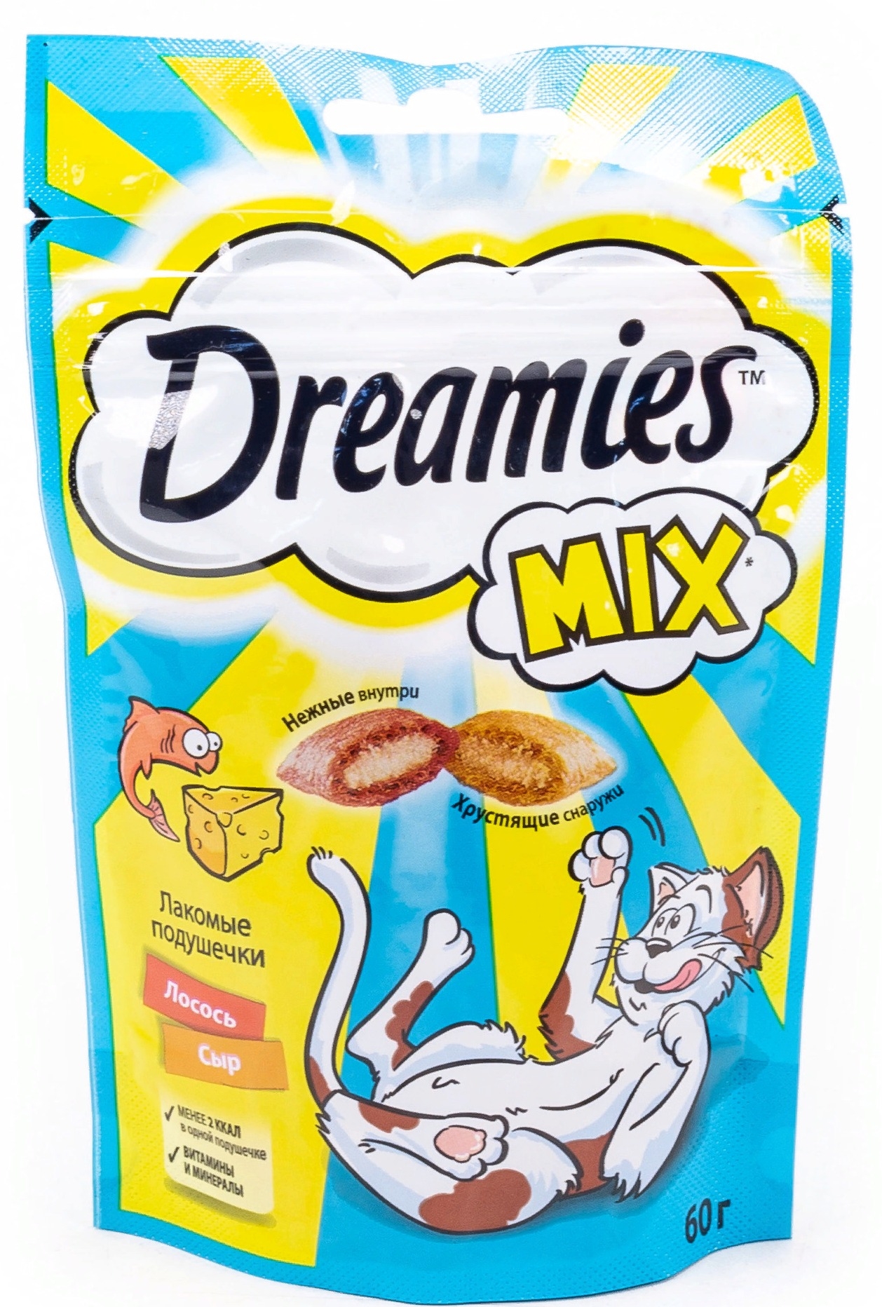 Лакомство для кошек Dreamies / Дримс MIX хрустящие подушечки с лососем и сыром, 60г / зоотовары