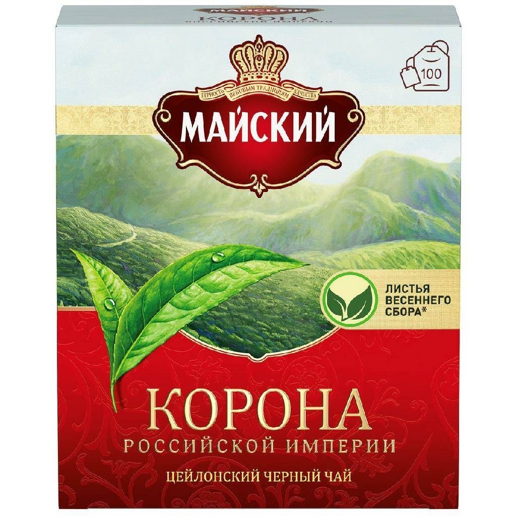 Чай черный Майский Корона Российской Империи байховый цейлонский пакетированный 200г 100шт.