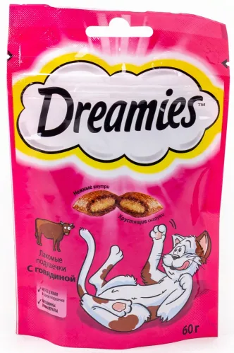 Лакомство для кошек Dreamies / Дримс хрустящие подушечки с говядиной, 60г / зоотовары