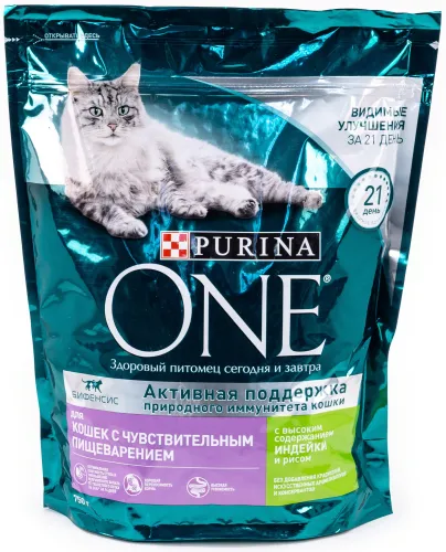 Корм сухой Purina One / Пурина Ван для кошек c чувствительным пищеварением, индейка и рис, хрустящие гранулы, 750г / зоотовары