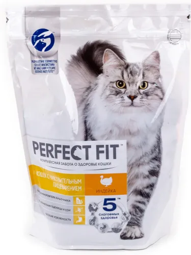 Корм сухой Perfect Fit / Перфект Фит для кошек c чувствительным пищеварением, хрустящие гранулы с индейкой, 650г / зоотовары