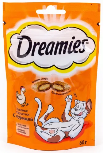 Лакомство для кошек Dreamies / Дримс хрустящие подушечки с курицей, 60г / зоотовары