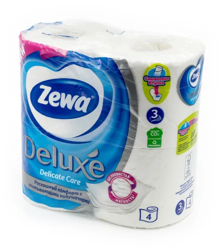 Туалетная бумага Zewa / Зева Deluxe Delicate Care Белая без аромата 3 слоя с впитывающими подушечками, 4 рулона / личная гигиена