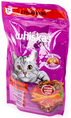 Корм сухой для кошек Whiskas / Вискас хрустящие подушечки с нежным паштетом, говядина 350г / зоотовары